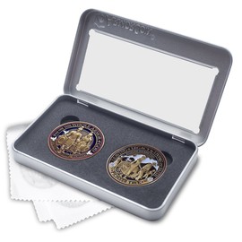 Armor Coin & Emblem - Armor of God Challenge Coin and Pioneer Trek Challenge Coins in Deluxe Display Tin Box - 2 Challenge Coin Set with Bonus polishing Cloth