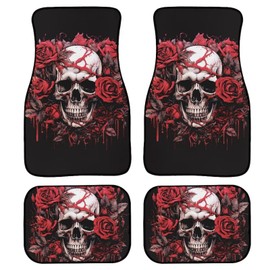 Poceacles Gothic Skull Red Rose Universal Fit Carpet Floor Mat, 4 Pieces Car Floor Mats Auto Carpet Car Mats Fit for SUV Van Sedan Truck Car Interior Decoration, Set of 4