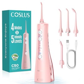 COSLUS Portable Water Flosser for Teeth: 4 Modes & 5 Intensity Levels Professional Electric Dental Pick for Sensitive Gums, Braces & Orthodontic - Cordless for Travel Use, for Adults, BPA-Free, Pink