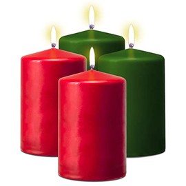 Hyoola Holiday Pillar Candles 2x3 Inch - Green and Red Pillar Candles - 4 Pack - Unscented Christmas Candles - European Made