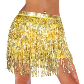 Monbessi Sequin Skirt for Women Cute Tassel Belly Dance Skirt Glitter Skirt for Women and Girls Festival Dance Performance(Gold)