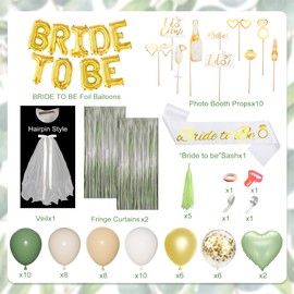 Amandir Bachelorette Party Decorations Supplies, Sage Green Bridal Shower Decorations Bride To Be Sash Veil, Nude White Gold Confetti Heart Balloons, Photo Booth Props, Fringe Curtains, Paper Tassels