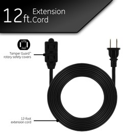 GE 12 Ft Extension Cord, 3 Outlet Power Strip, 2 Prong, 16 Gauge, Twist-to-Close Safety Outlet Covers, Indoor Rated, Perfect for Home, Office or Kitchen, UL Listed, Black, 45152