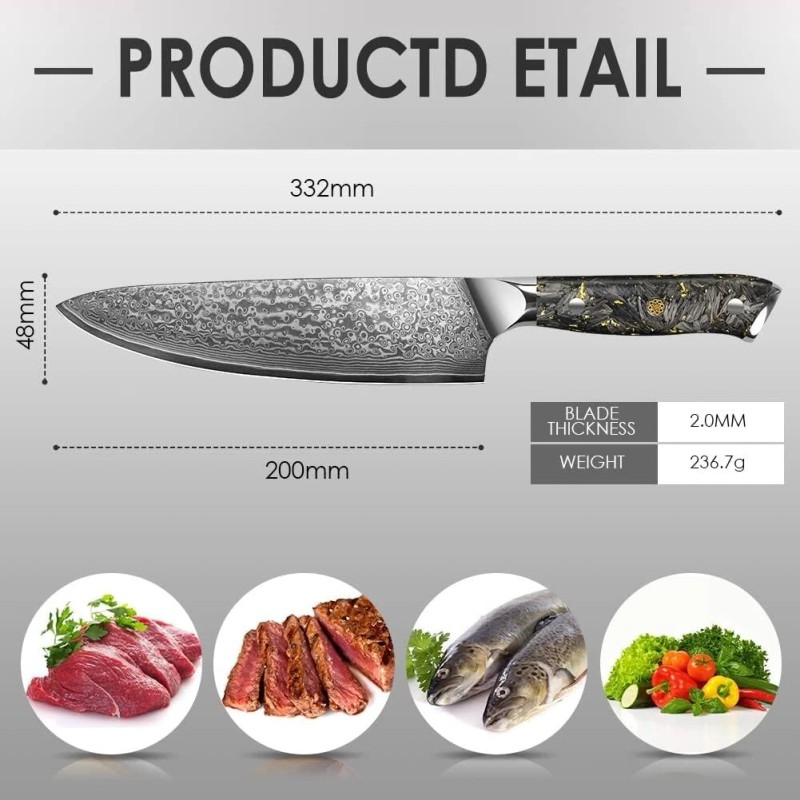 Kuwata 8 Inch Damascus Professional Black Gold Series Chefs Knife