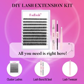 Fadlash Individual Eyelashes Cluster Lashes Kit 0.07 D Curl 8-16mm 40D Eyelashes Extension Kit Natural Cluster Lashes with Lash Glue Bond and Seal,Tweezers Light Fluffy DIY at Home