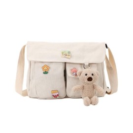 PRAGARI Canvas Crossbody Bag Messenger Cute Bag with Pins and Pendant for Women Girls Casual Shoulder Aesthetic School bag