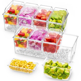 Lifewit 2 Pack Ice Chilled Condiment Caddy with 4 Containers(2.5 cup), Condiment Server with Separate Lids, Serving Tray Platter for Bar Accessories, Fruit, Salad, Taco, Party Garnish