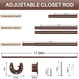 SUTINE Closet Rod - Closet Rods for Hanging Clothes, 17 to 68 inch Adjustable Closet Hanging Rod, Heavy Duty Clothes Rod Clothing Bar, Closet Poles for Hanging Clothes for Wardrobes, Shower Curtain