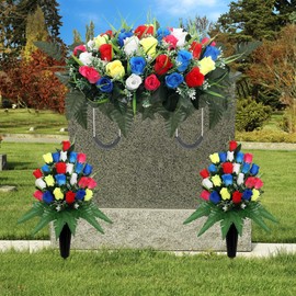 3Pack Artificial Cemetery flowers for grave,Headstone flower saddle Gravesite Decoration Roses Memorial Bouquets with Cemetery Vase for Cemetery Decorations Non-Fading Easy Fit (Color)