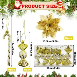 Pack of 18 Glitter Christmas Tree Decorations Gold, Christmas Tree Decorations Gold, Glitter Christmas Flower, Glittering Candy Canes Ornaments, for Christmas Pendants, Christmas Tree Decorations