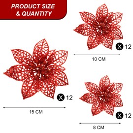 WILLBOND 36 Pieces 3 Size Christmas Glitter Poinsettia Faux Wedding Flowers Christmas Flowers Decoration Ornaments for Christmas Tree New Year Home Outdoor Decoration (Red)