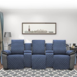 Easy-Going Recliner Sofa Cover with Console, Reversible Couch Cover for Living Room, Split Sofa Cover for Each Seat with Elastic Straps for Kids, Dogs, Pets (3 Seater, Dark Blue/Light Blue)