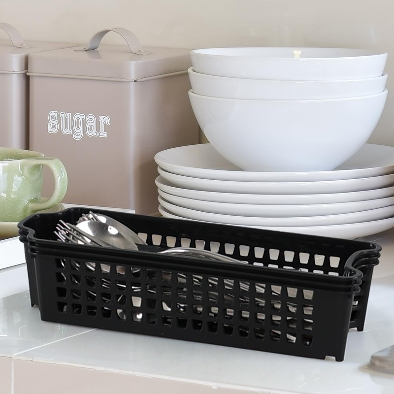 Morcte 12 Pack Narrow Plastic Storage Basket, Stacking Slim Baskets,
