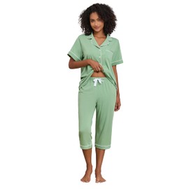 ANLIQI Women's Pajama Sets Cotton Capri Pajamas for Women Soft Modal Button Down Pjs Short Sleeve Sleepwear for Women(SG,M) Sage Green