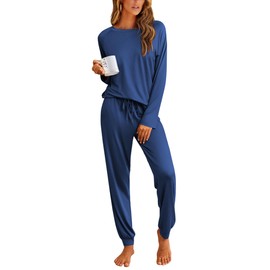 Ekouaer Pajamas Womens Long Sleeve Pj Set 2 Piece Loungewear Soft Comfy Sleepwear with Jogger Pants,Blue,M