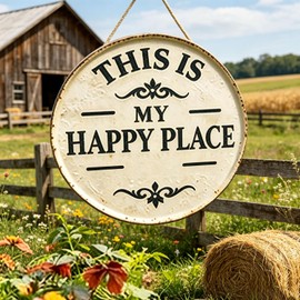 This Is My Happy Place Sign, Happy Place Metal Wall Decor, Print Aesthetic Room Decoration Welcome Round Sign for Home Garden Farm Or Coffee Wall Decor(1pcs,12 * 12in)