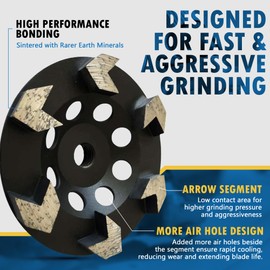 4.5" High Performance Diamond Grinding Wheels for Concrete, Paint, Epoxy, Mastic, Coating Removal, #30/40 Grit, 6 Arrow Segments, 5/8"-11 Arbor