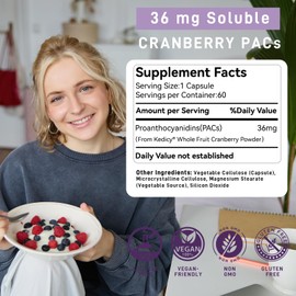 Cranberry Pills - Cranberry Pills for Women & Men with 36 mg Soluble PACs per Capsule for UTI Support & Urinary Tract Health, Made with Whole Fruit Cranberries Powder with D-Mannose & Fiber, 60 Caps