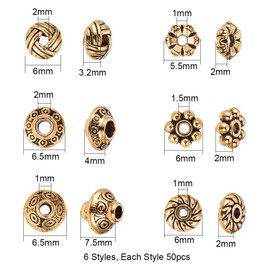 PH PandaHall 300pcs Antique Golden Spacer Beads, 6 Style Tibetan Metal Jewelry Beads for Bracelet Necklace Jewelry Making Supplies(5.5-6.5mm)