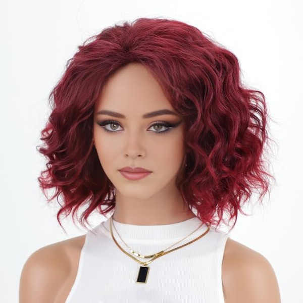 RENERSHOW Burgundy to Red Layered Short Wavy Bob Wigs for
