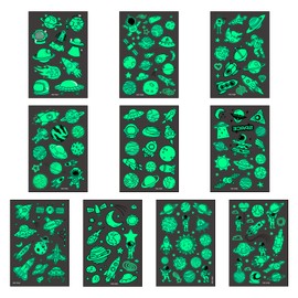 Yasmous 10 Sheets Luminous Temporary Tattoos Stickers, Children Fake Tattoos Space Cartoon Tattoos for Kids, Glow in the Dark Tattoo Kids Sticker, Cosmos/Space/Rocket/UFO Party Gift Bag Fillers