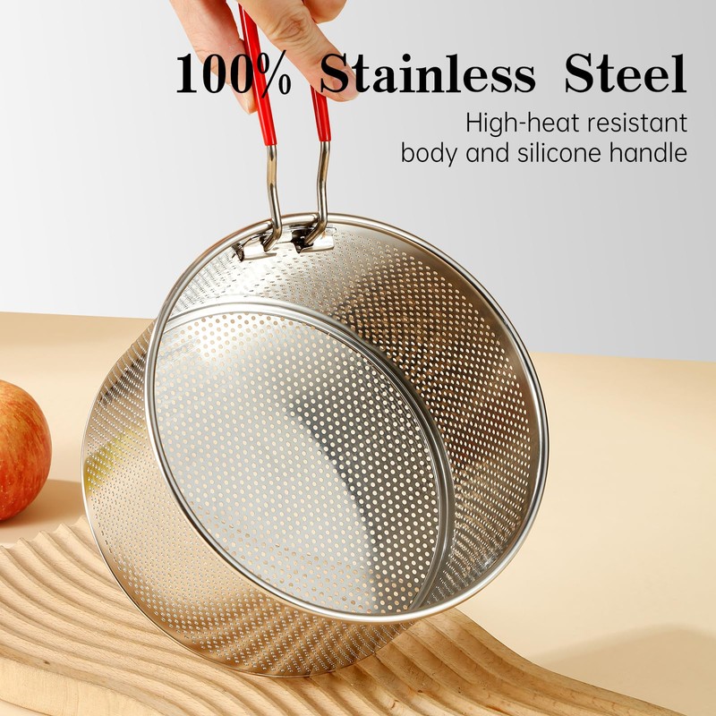 Stainless Steel Colander, Micro-Perforated Metal Pasta Strainer with Hook &