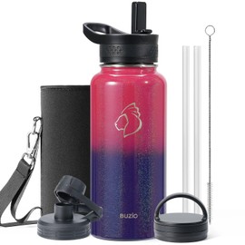 BUZIO 32 oz Water Bottle Insulated with Straw & 3 lid and Carrying Pouch, Leak Proof Anti-Slip Stainless Steel Water Flask Jug, Cold for 48 Hrs Double Vacuum Thermo Canteen, BPA-Free, Caribbean Blue