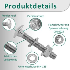 DSM - Carriage Bolts M5 x 65mm DIN 603 - M5 Flange Nut with Locking Toothing DIN 6923 & Washer DIN 125 - A2/V2A Stainless Steel - Round Head Bolts - Hex Nut - Pack of 50