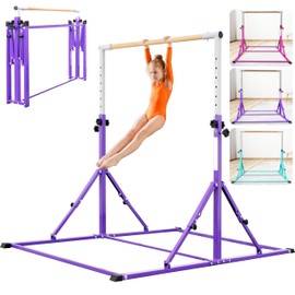 PreGymnastic Foldable Gymnastics Bar, 5.6FT Horizontal Bars for Kids 3-12, Weight Limit 350 LBS, Adjustable kip Bar, Children Home Gym Equipment (Violet)