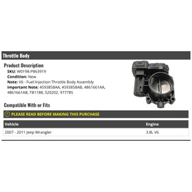 Marketplace Auto Parts Fuel Injection Throttle Body Assembly - Compatible with 2007-2011 Jeep Wrangler 3.8L V6