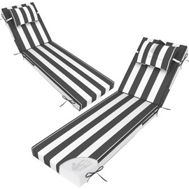 Odsiikly Outdoor Lounge Chair Cushions Set of 2, Pool Chaise Cushion with Pillow,Ties, Waterproof Fade Resistant Lounge Chair Pads for Patio Deck Furniture, 72" X 21" X 3",Gray Black Cabana Stripe