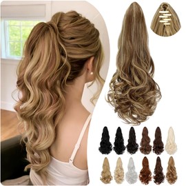 Cephermer Ponytail Extension Claw 18" Long Curly Wavy Clip in Natural Looking Synthetic Hair Extension Ponytail Hairpiece for Women Light Brown mix Ash Blonde