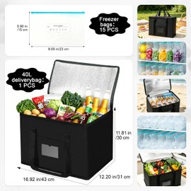 Yuaerbuo 40L Cool Bag, Cooler Bags, Picnic Bag Includes 15 Pcs Freezer Bags, Collapsible Cooler, Food Delivery Backpack, Cold Storage for Camping, Shopping, Family BBQ, Travel, and Barbecues