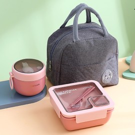 Bento Box for Adults and Kids, 1100ML Bento Boxes Set with Insulated Bag, Cutlery, Soup Cup, Durable Leakproof Lunch Box with Compartments, Food Storage Box for Men Women Student School Office, Pink