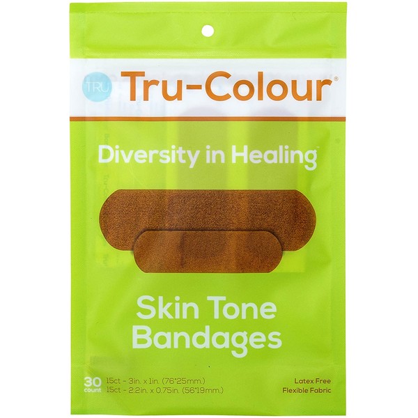 Tru-Colour Skin Tone Bandages: Olive-Moderate Brown Single Bag (30-Count; Green Bag)