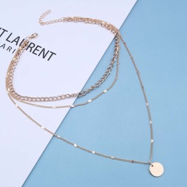 Dervivea Boho Layered Coin Disc Choker Necklace Disc Pendant Necklace Gold Curb Chain Necklace Vintage Multilayer Necklace Chain Jewelry for Women and Girls