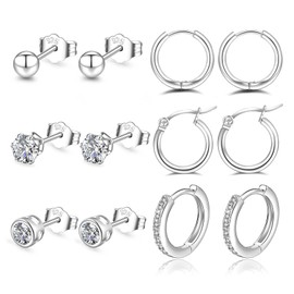 S925 Sterling Silver Stud Earrings, Silver Hoops Earrings for Women with Silver Stud Earrings Set 4/6/8 Pairs Small Cartilage Huggie Earring Star Moon Ball Heart CZ Studs