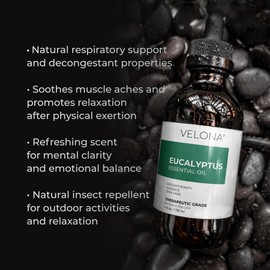 Eucalyptus Essential Oil by Velona - 4 oz | Therapeutic Grade 100% Pure and Natural | for Aromatherapy Diffuser, Massage, Skincare, Haircare, Soapmaking | Undiluted and Multipurpose in Glass Bottle