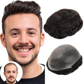 BEEOS 0.08mm Thin Skin Toupee for Men, 8x10 Inch PU Base V-looped Real Human Hair Mens Hair Piece, Mens Toupee #1B10 Natural Black with 10% Grey