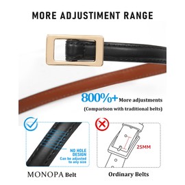 Monopa Womens Skinny Reversible Belts - Hole Free Leather Belt for Dress Jeans Thin Waist Belt for Ladies with Gold Buckle(Black/Brown+Black/Coffee,115cm)