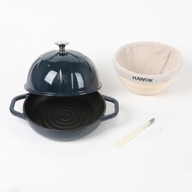 HAWOK Cast Iron Bread Cloche, Dia. 7.8inch/20cm, 0.95qt, with Proofing Basket and Dough Scoring Knife, Sourdough Baking Pan Enameled Navy Blue