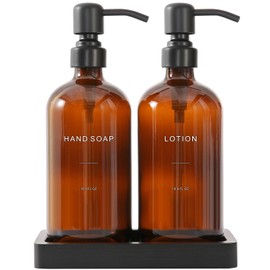 Prus Waso Amber Glass Soap Dispenser Set, Hand Soap and Lotion Set with Black Stainless Steel Pump, Perfect for Modern Bathroom Decor. (Amber)