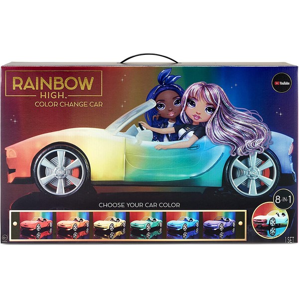 Rainbow High Color Change Car – Convertible Vehicle, 8-in-1 Light-Up, Multicolor with Wheels That Move, Working Seat Belts, Steering Wheel. Fits 2 Fashion Dolls, Toy Gift for Kids Ages 6 7 8+ to 12