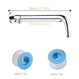 Extension Pipe, Shower Head Extension Arm, Shower Arm, Stainless Steel Shower Head Arm Chrome Polished Shower Arm Accessory with PTFE Sealing Tape for Bathroom Ceiling Shower Head (31 cm)