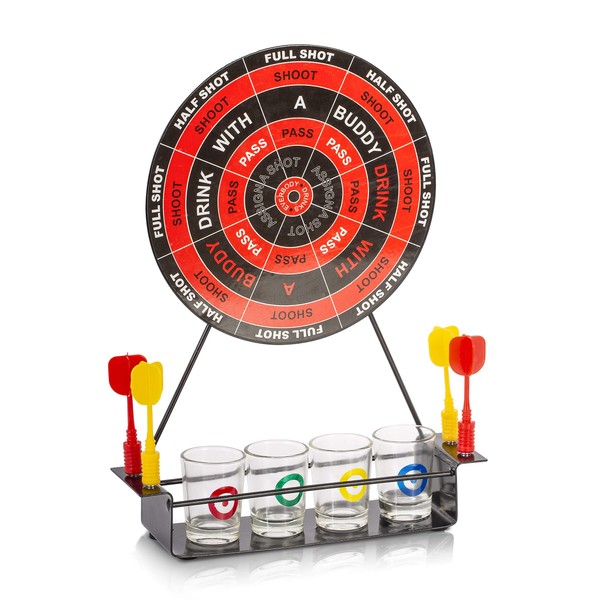 KAV Fun Magnetic Dart Board Shots Drinking Game Set - 4 Handy Shot Glasses Rack and 4 Magnetic Darts - Perfect Party Game for Indoor, Christmas, Birthdays for 2-8 Players - 28 x 20 x 7cm