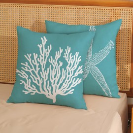 GOLIANDA Coastal Pillow Covers 18x18 Set of 2 Aqua Teal Turquoise Coral Starfish Throw Pillows Nautical Ocean Decorations Summer Linen Beach Pillowcase Outdoor Decor Farmhouse Cushion Case for Couch
