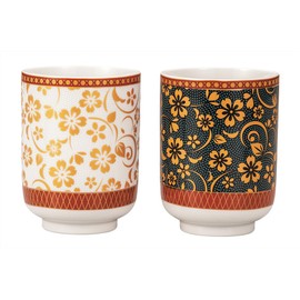 K9-790 Kutani Yakuyokuya Cups, Blue Grain White Cherry Blossoms, K9-790
