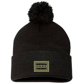 Chicago Flag Cuffed Pom Knit Hat Olive Green Patch Black