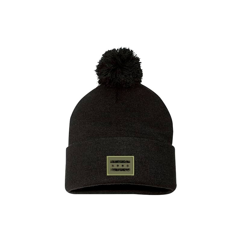Chicago Flag Cuffed Pom Knit Hat Olive Green Patch Black