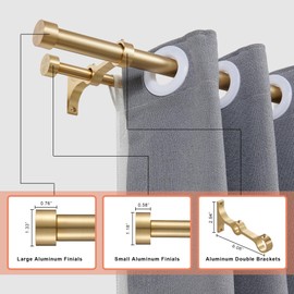 Lwiiom Double Curtain Rods with Aluminum End Cap and Full Surround Brackets,1"Front and 5/8" Back Rod,Adjustable between 72 to 144 Inches (6-12 Feet), Warm Gold Double Window Drapery Rod